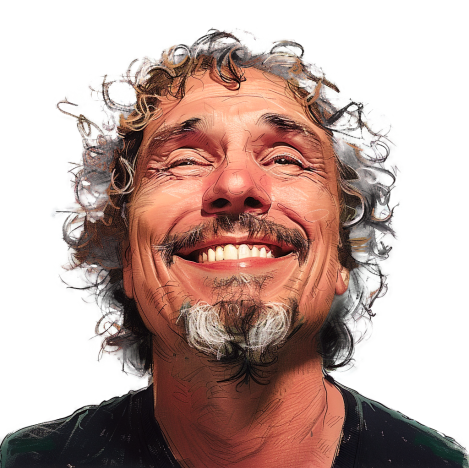 Close-up of a smiling man with curly hair, a beard, and mustache, wearing a black shirt.