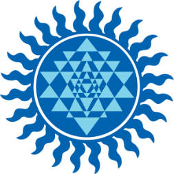 Blue geometric design with a central pattern of overlapping triangles, surrounded by a ring and radiating flame-like shapes.