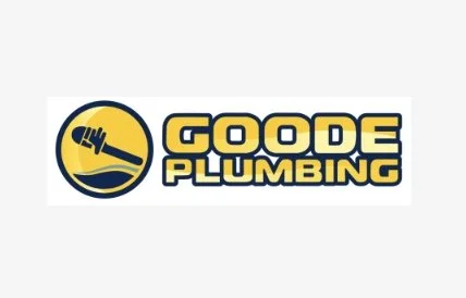 Goode Plumbing logo with a yellow wrench inside a blue circle, and the text "GOODE PLUMBING" in yellow and black.