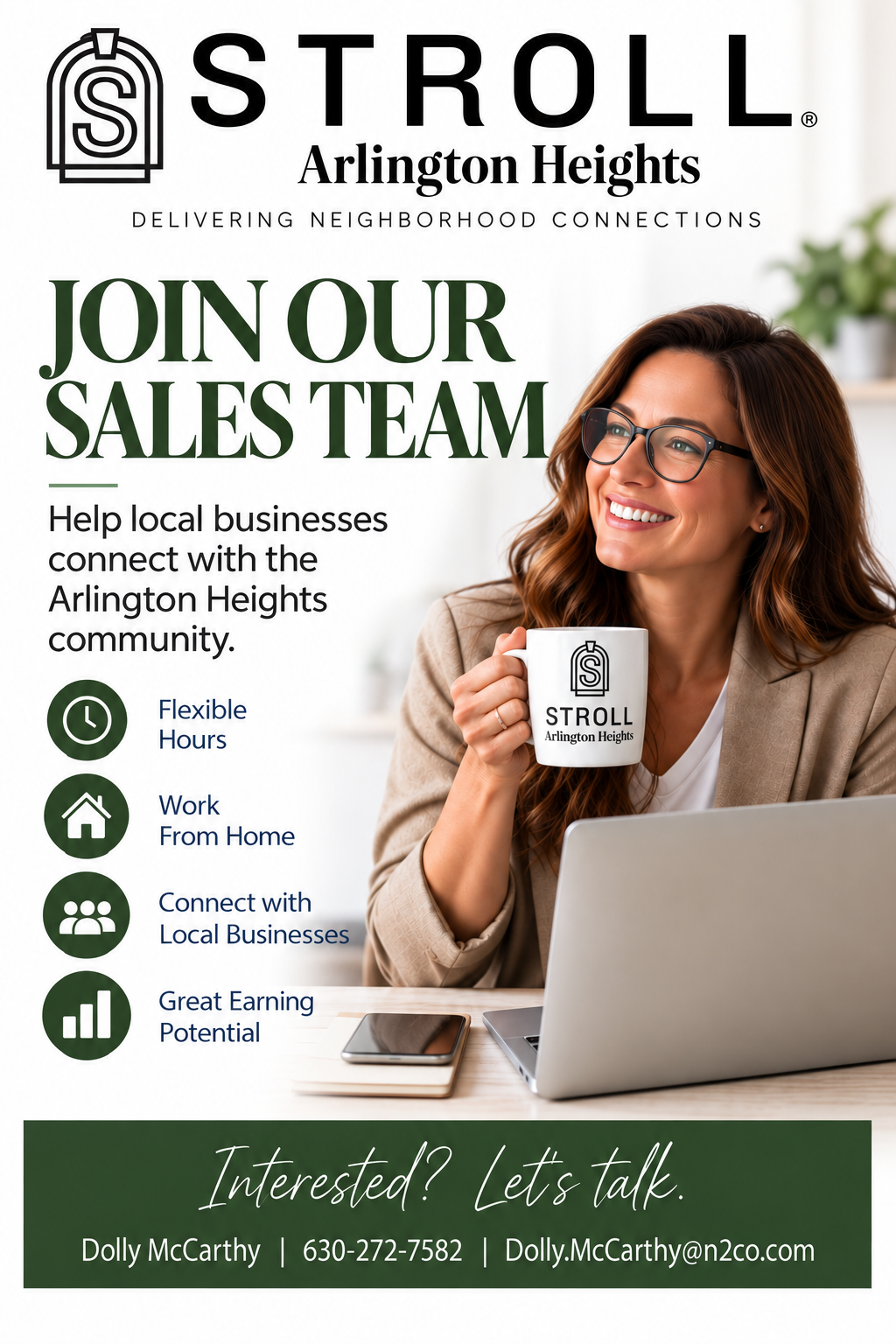 A woman wearing glasses smiling and holding a white mug with the Stroll Arlington Heights logo, sitting at a desk with a laptop and a smartphone, promoting joining the Arlington Heights sales team with information about flexible hours, work from home, connecting with local businesses, and earning potential.