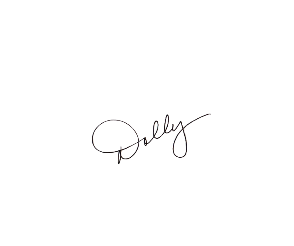 Black background with a hand-drawn style signature that reads "Dolly."