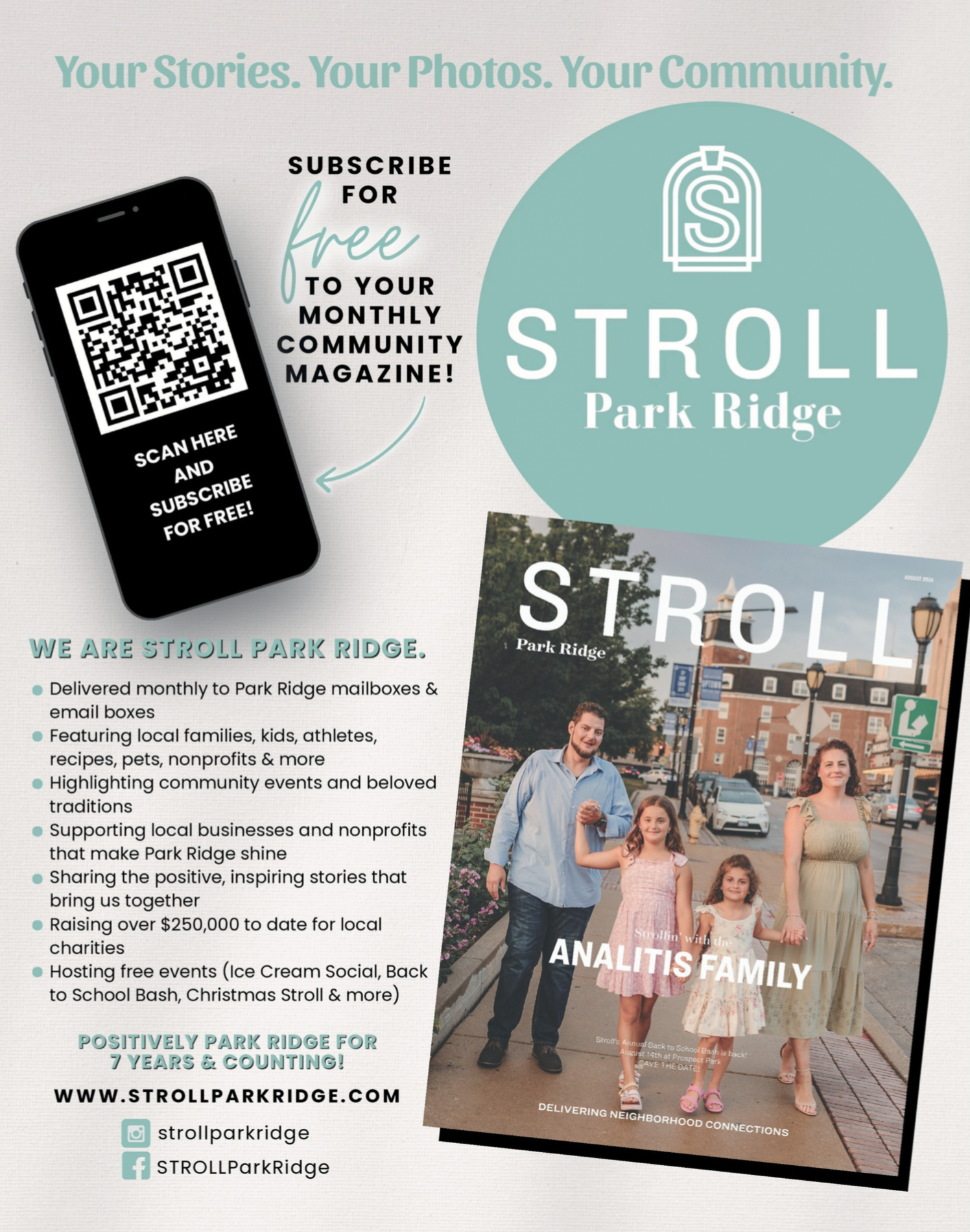 Flyer for Stroll Park Ridge community magazine featuring a family walking in a city with a large circular logo for Stroll Park Ridge, a smartphone with a QR code for free subscription, and a list of community highlights and contact info.