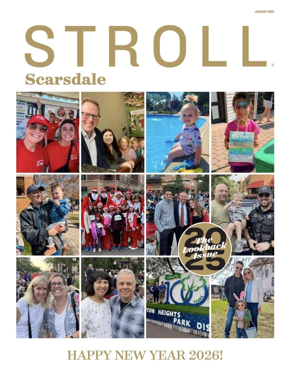 Cover page of a community magazine featuring family and holiday photographs, with headlines 'Stroll Scarsdale', 'The Look-back Issue 25', and 'Happy New Year 2026!'