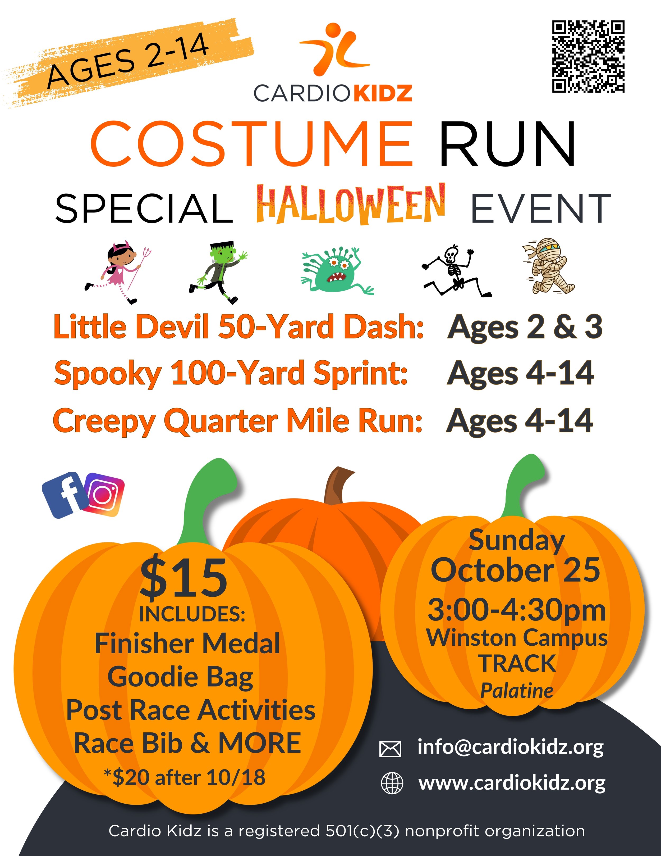 Flyer for Cardio Kidz Halloween event featuring a costume run and activities for kids aged 2-14, scheduled for Sunday, October 25, from 3:00 to 4:30 pm at Winston Campus Track, Palatine. Includes a $15 registration fee, funmedal, goodie bag, and post-race activities. Special rate of $20 after October 18. Contact info and website for more information.