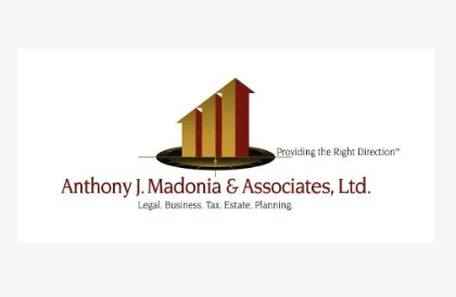 Logo of Anthony J. Madonia & Associates, Ltd., featuring a rising bar graph in red and gold with a black base, and text indicating services in legal, business, tax, estate, and planning.