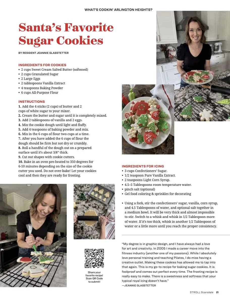 Page from a cooking magazine with a recipe for Santa's favorite sugar cookies. The page includes ingredient lists for cookies and icing, step-by-step instructions, and photos of a woman holding decorated cookies, a plate of decorated cookies, and the cookie preparation process.