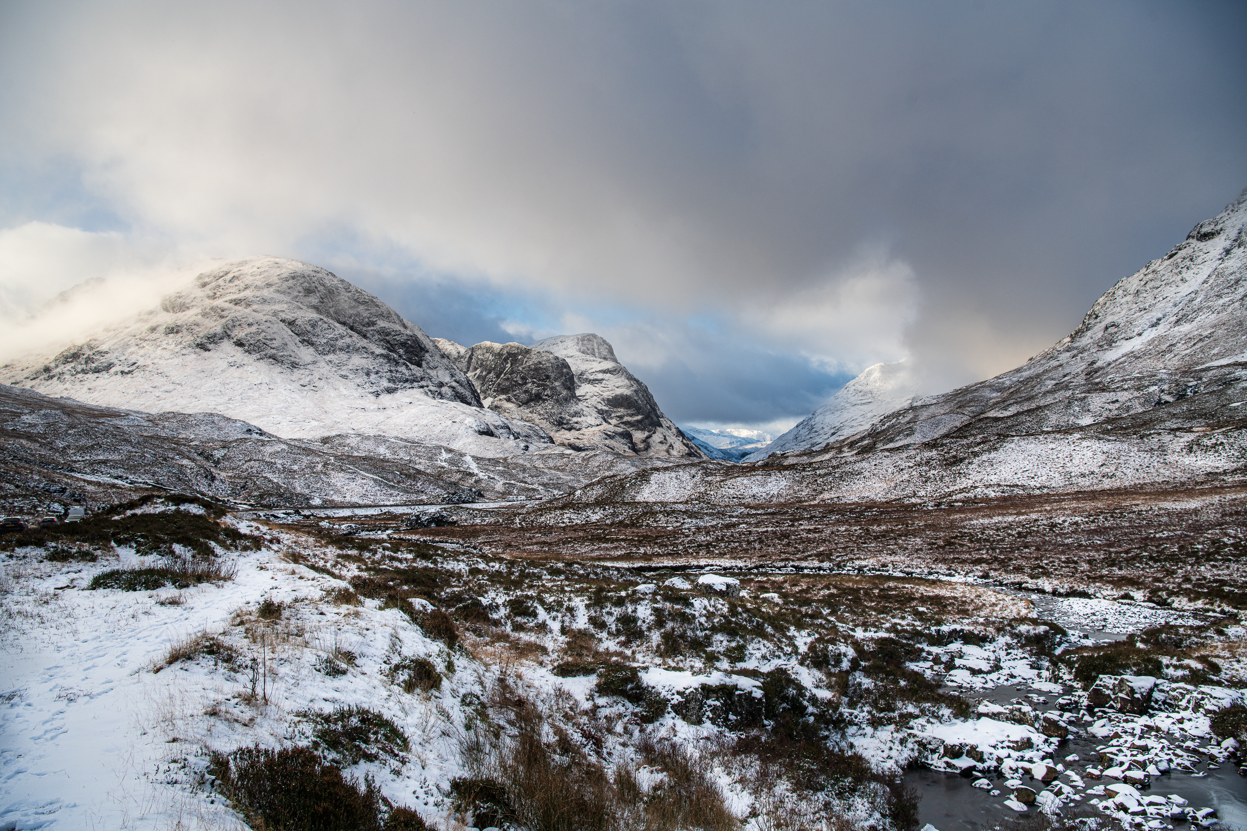 Glencoe - Looking down Glencoe Valley towards a wintery Three Sisters