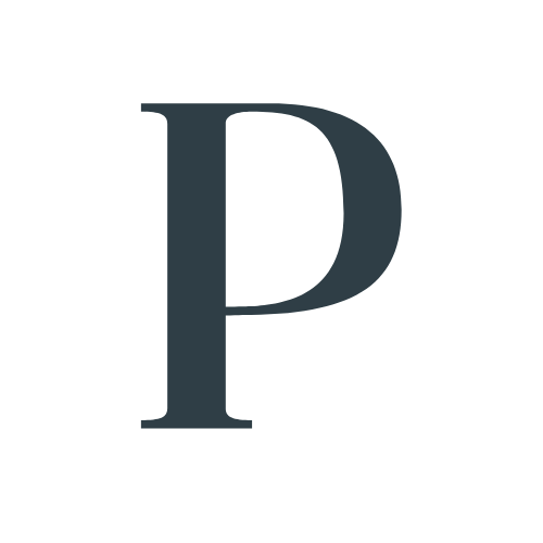 Large gray letter 'P' on a black background.