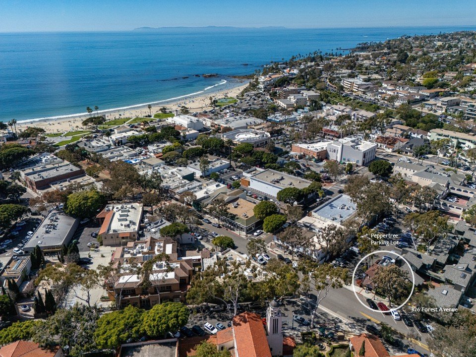 Aerial view of downtown Laguna Beach near Forest Avenue and Pepper Tree parking