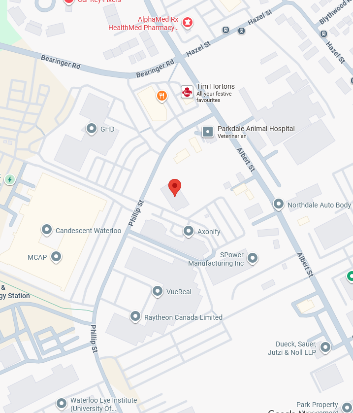 Map of a neighborhood showing streets, businesses, and landmarks including Tim Hortons, Parkdale Animal Hospital, and AlphaMed Rx HealthMed Pharmacy, with street names Hazel Street, Bearing Road, Albert Street, and Philip Street.