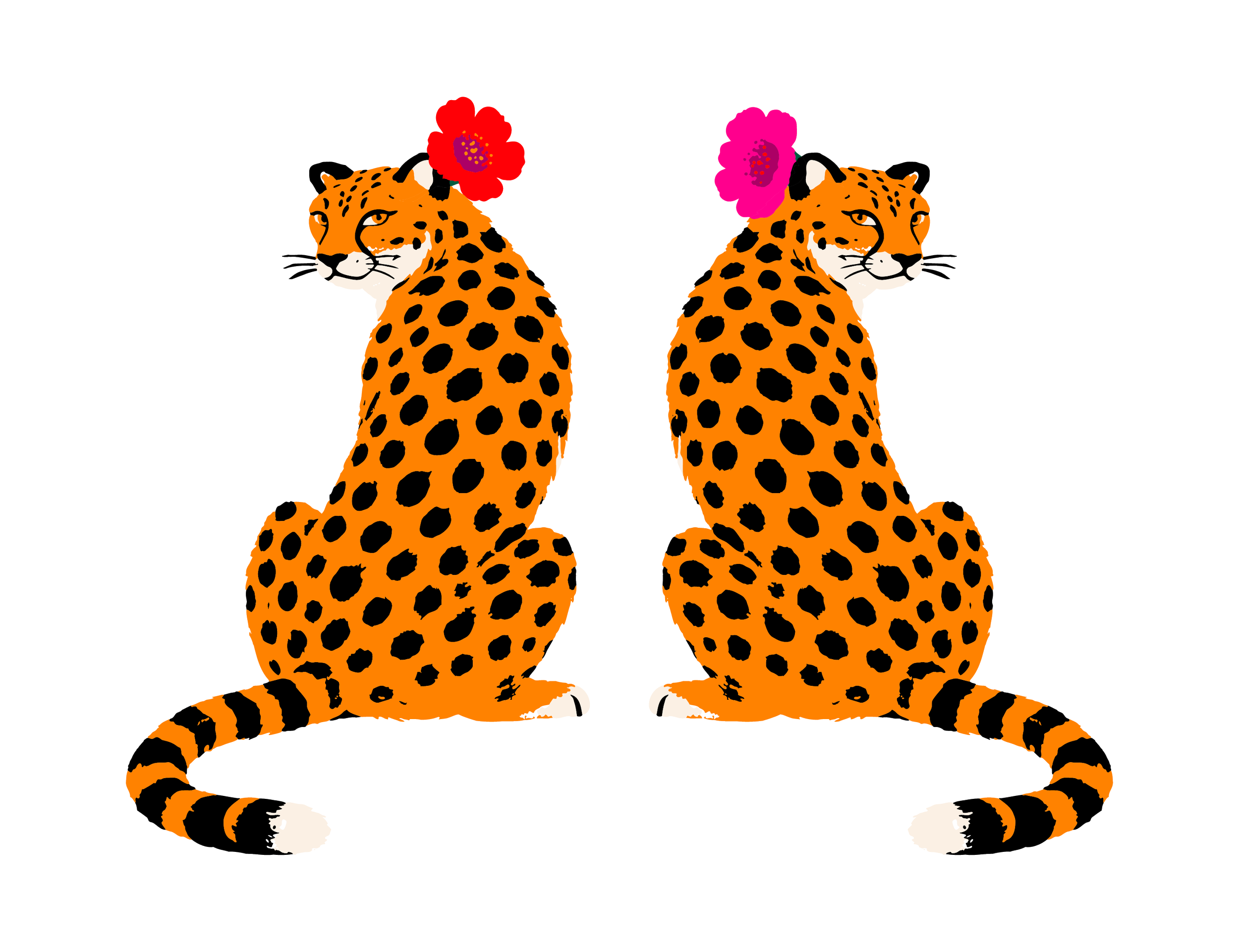 Two identical illustrated leopards with orange coats and black spots, one with a pink flower behind their ears and the other with a red flower behind their ears, sitting on a black background facing away but looking backward.