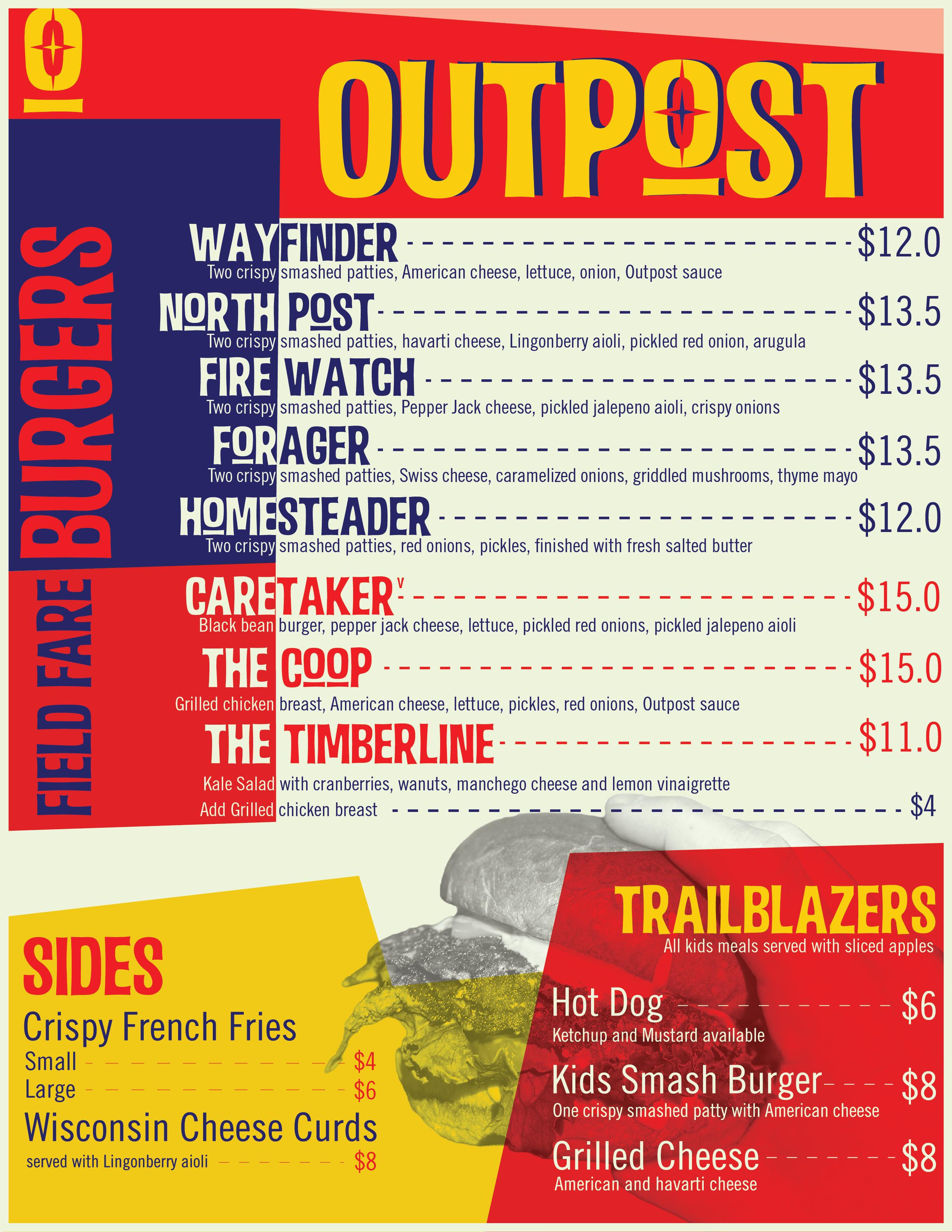 Menu featuring field burgers, with options like Wayfinder, North Post, Fire Watch, Forager, Homesteader, and various trailblazer kid's meals, as well as sides including crispy French fries and Wisconsin cheese curds.