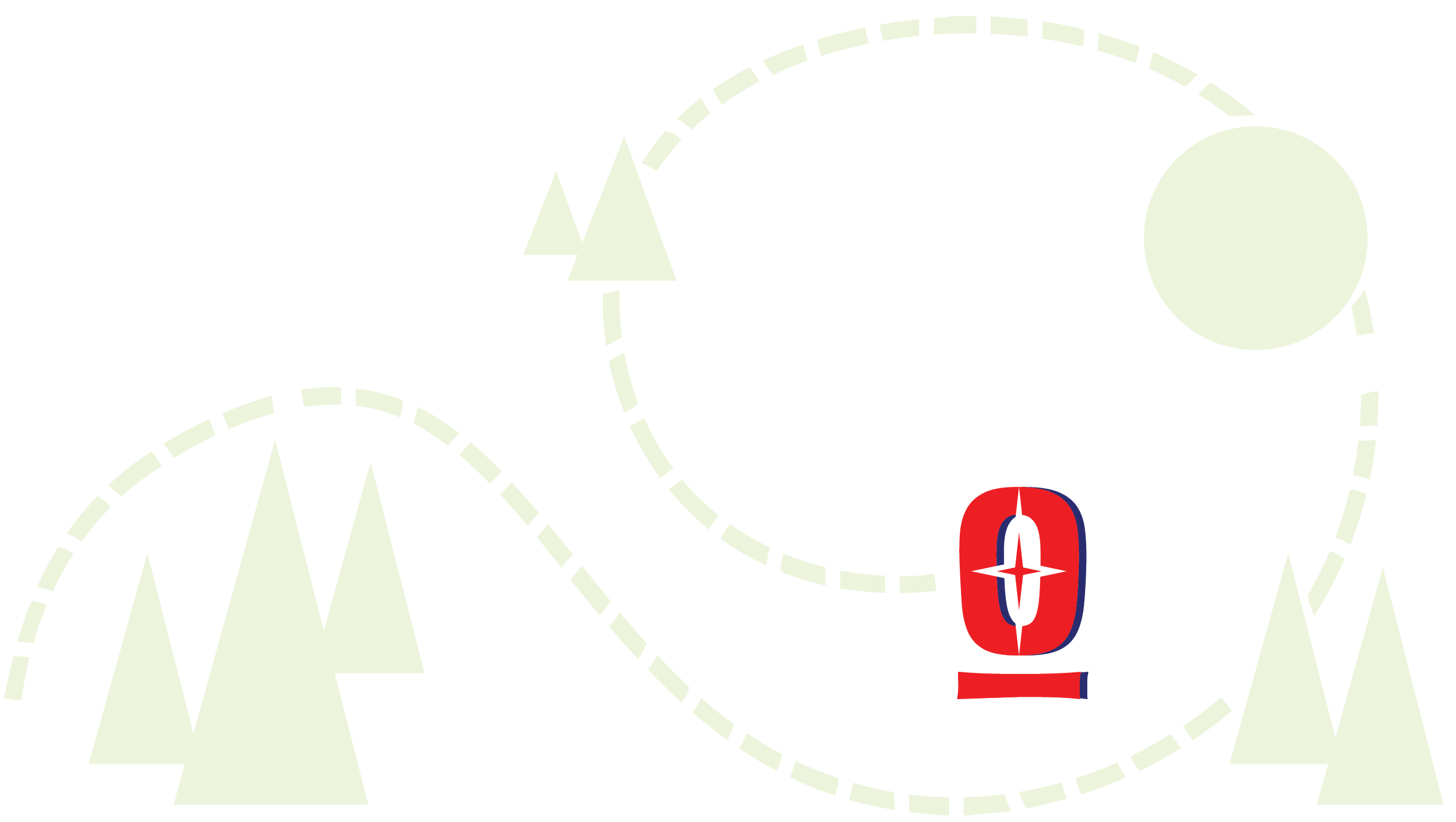 A stylized map with a dashed route navigating through trees, marked by a red compass, a red and blue race car, and a large white circle.
