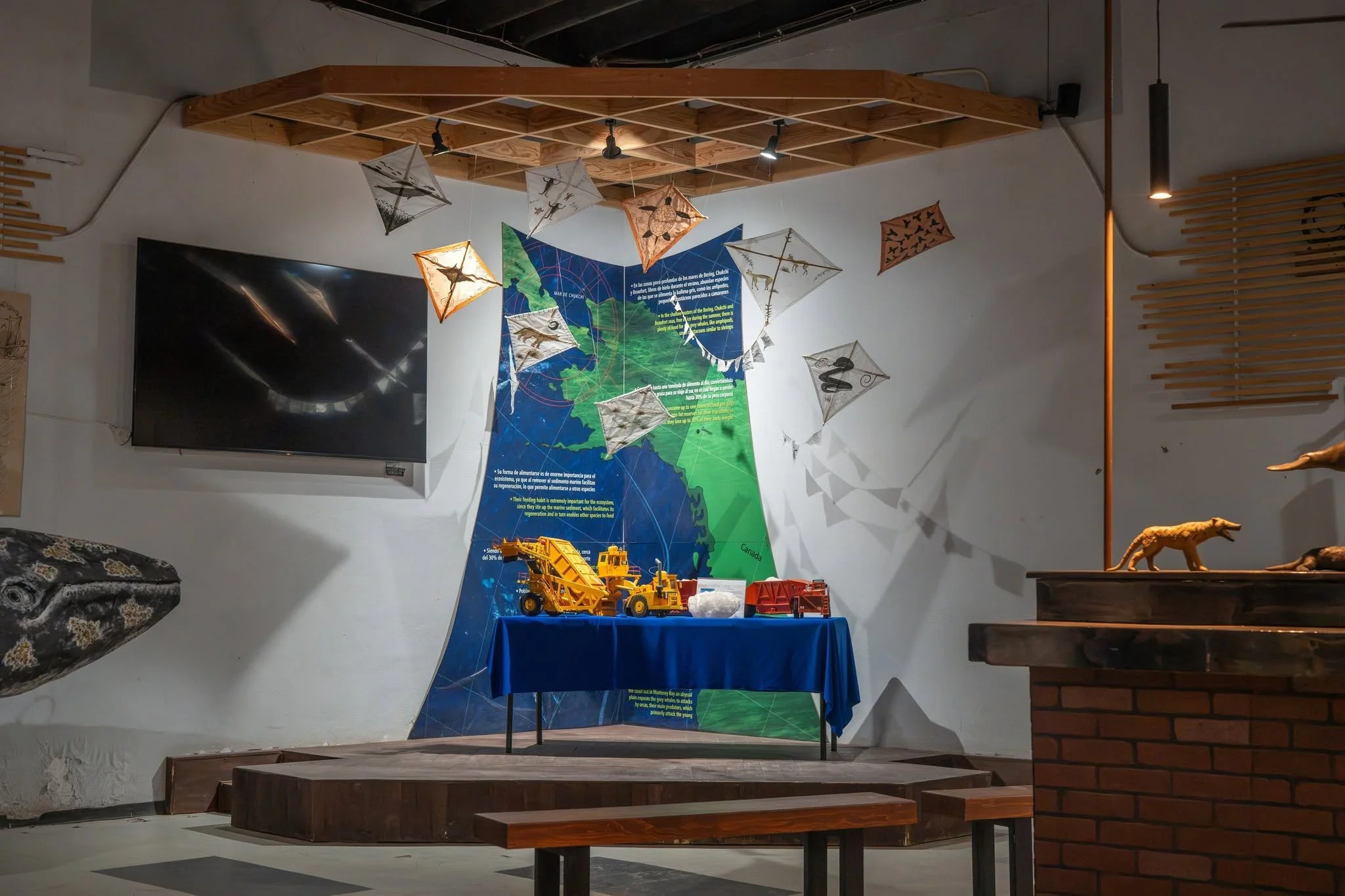 Interior del museo MUSAM con exhibición de ballenas y espacios interactivos en Guerrero Negro.