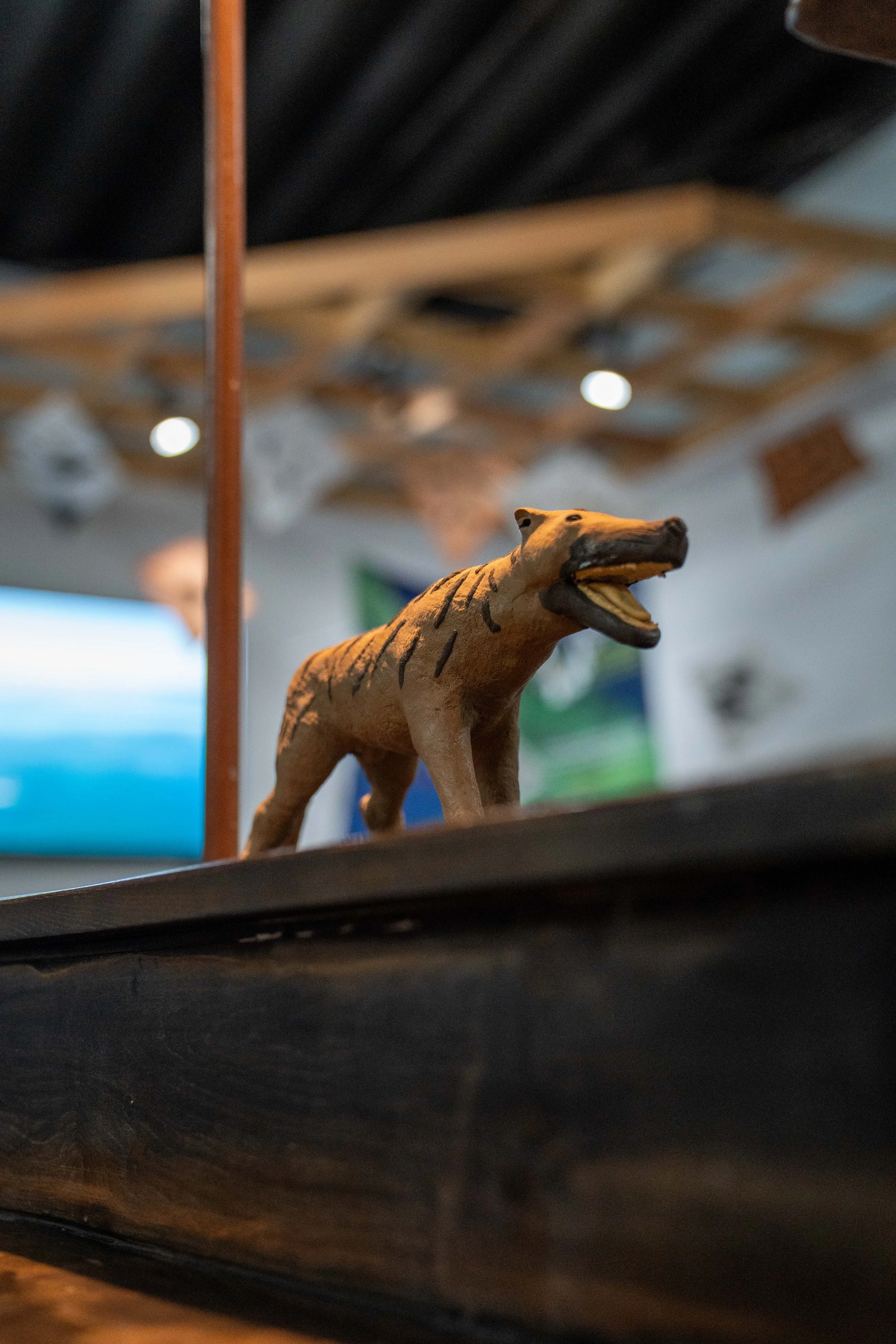 Escultura de un tigre en un soporte negro, vista desde abajo, en un espacio interior con techo de madera y luces empotradas.