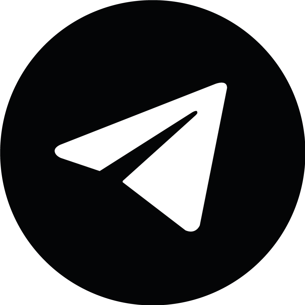 Een zwart-wit pictogram van de Telegram-app logo, dat een paperplane toont op een zwarte achtergrond.