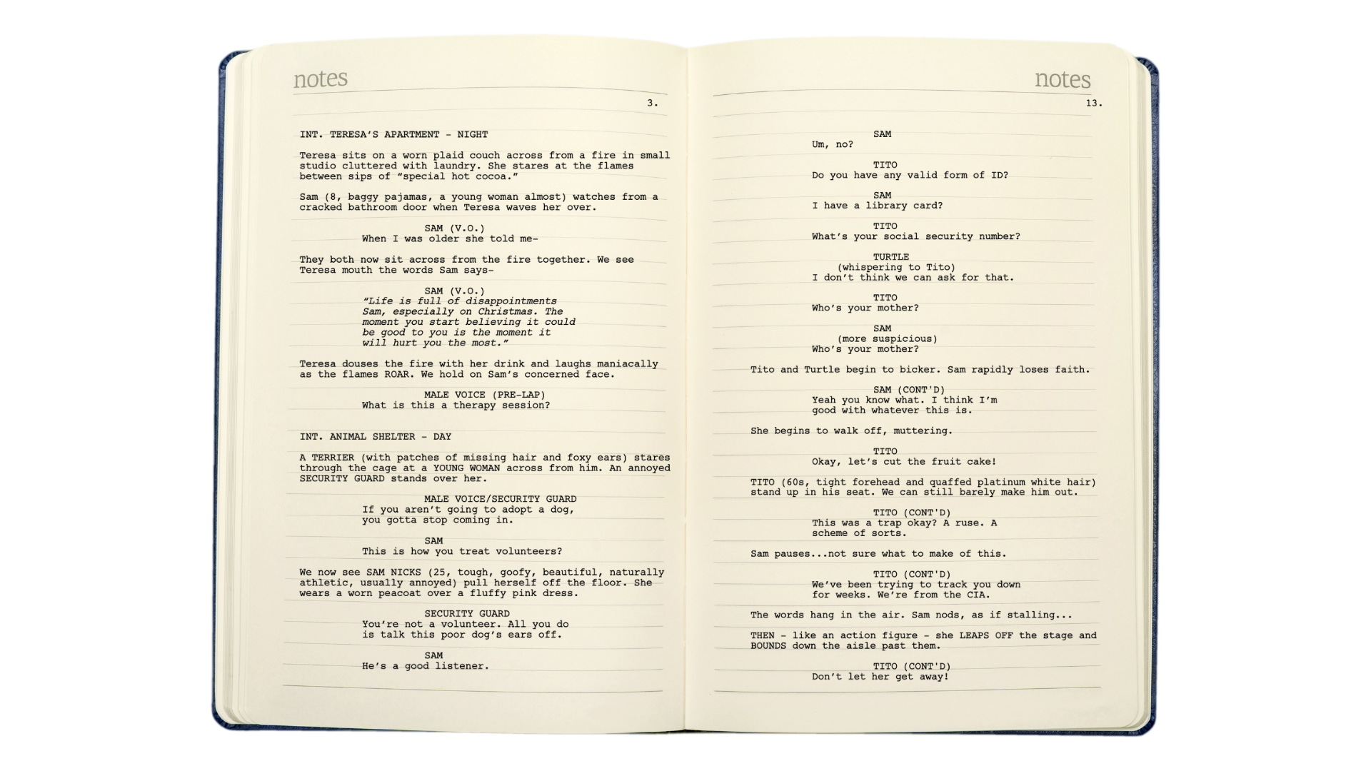 Open notebook with handwritten script of a scene from a play, including dialogue and scene descriptions, opened to pages 3 and 13.