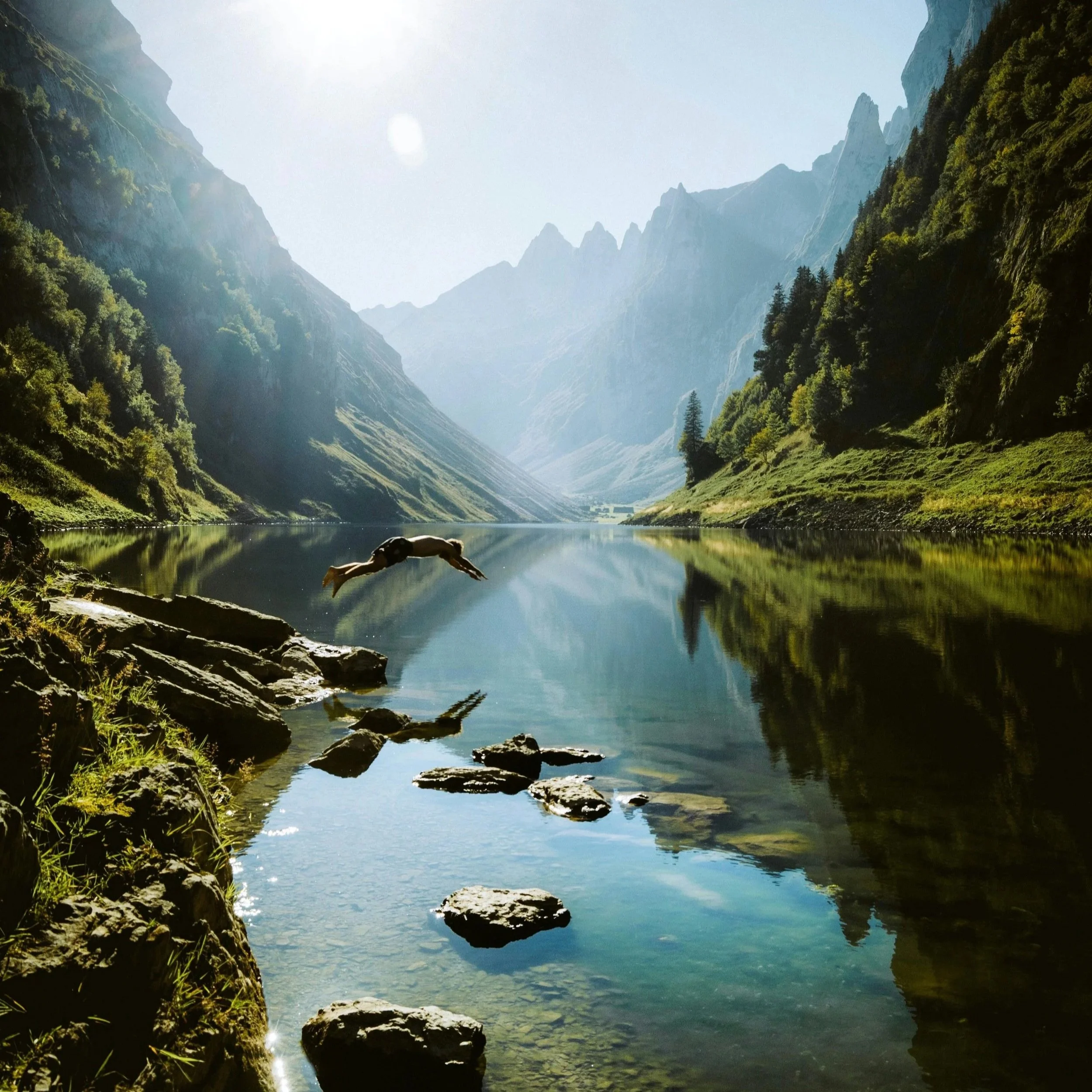 A serene mountain landscape featuring a lake with calm water reflecting the surrounding green forested slopes and tall mountain peaks under a clear light sky.