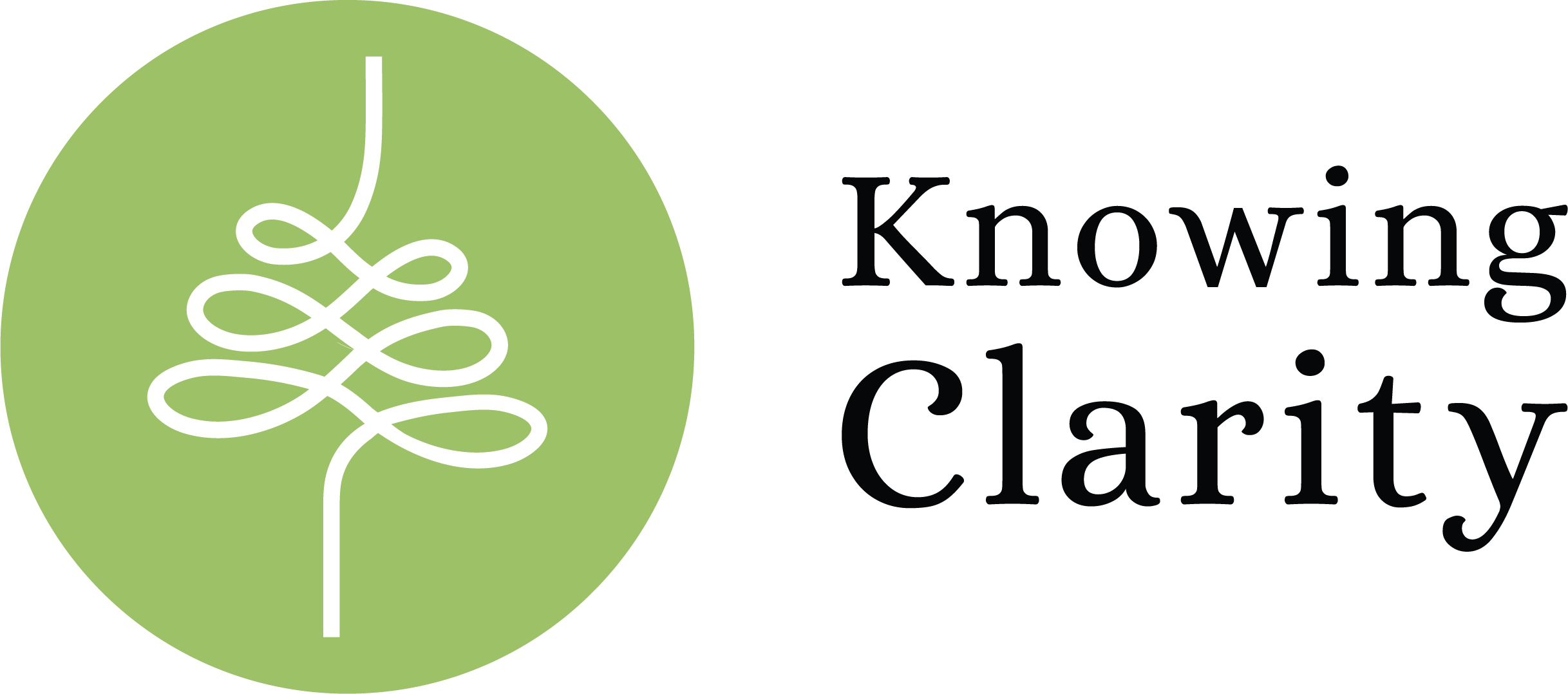Logo for Knowing Clarity featuring a white abstract design inside a green circle and the words 'Knowing Clarity' in black text.