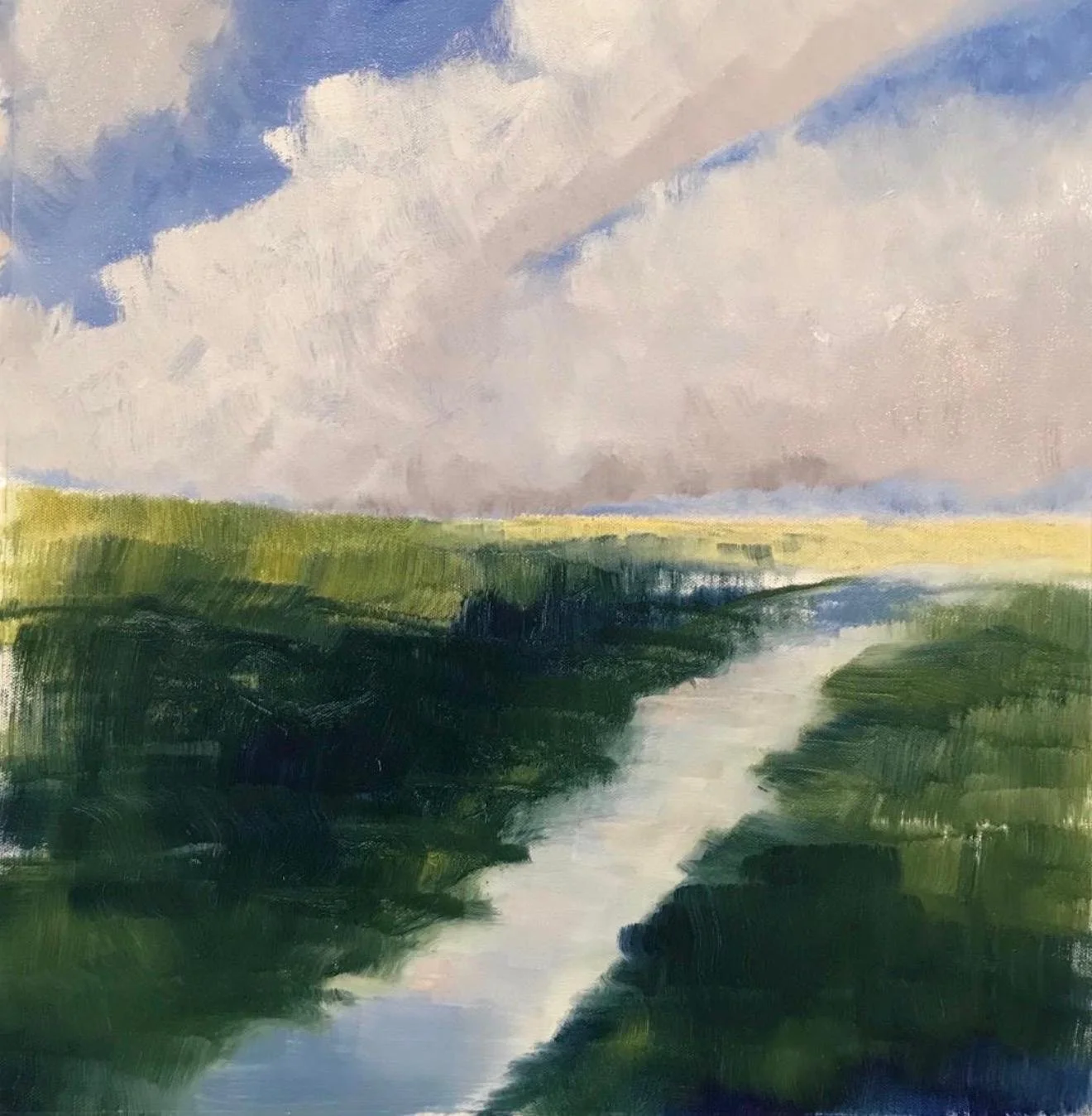 A landscape painting by Ana Jardim Messenger, of a green grassy field with a river running through it, under a sky filled with clouds and patches of blue