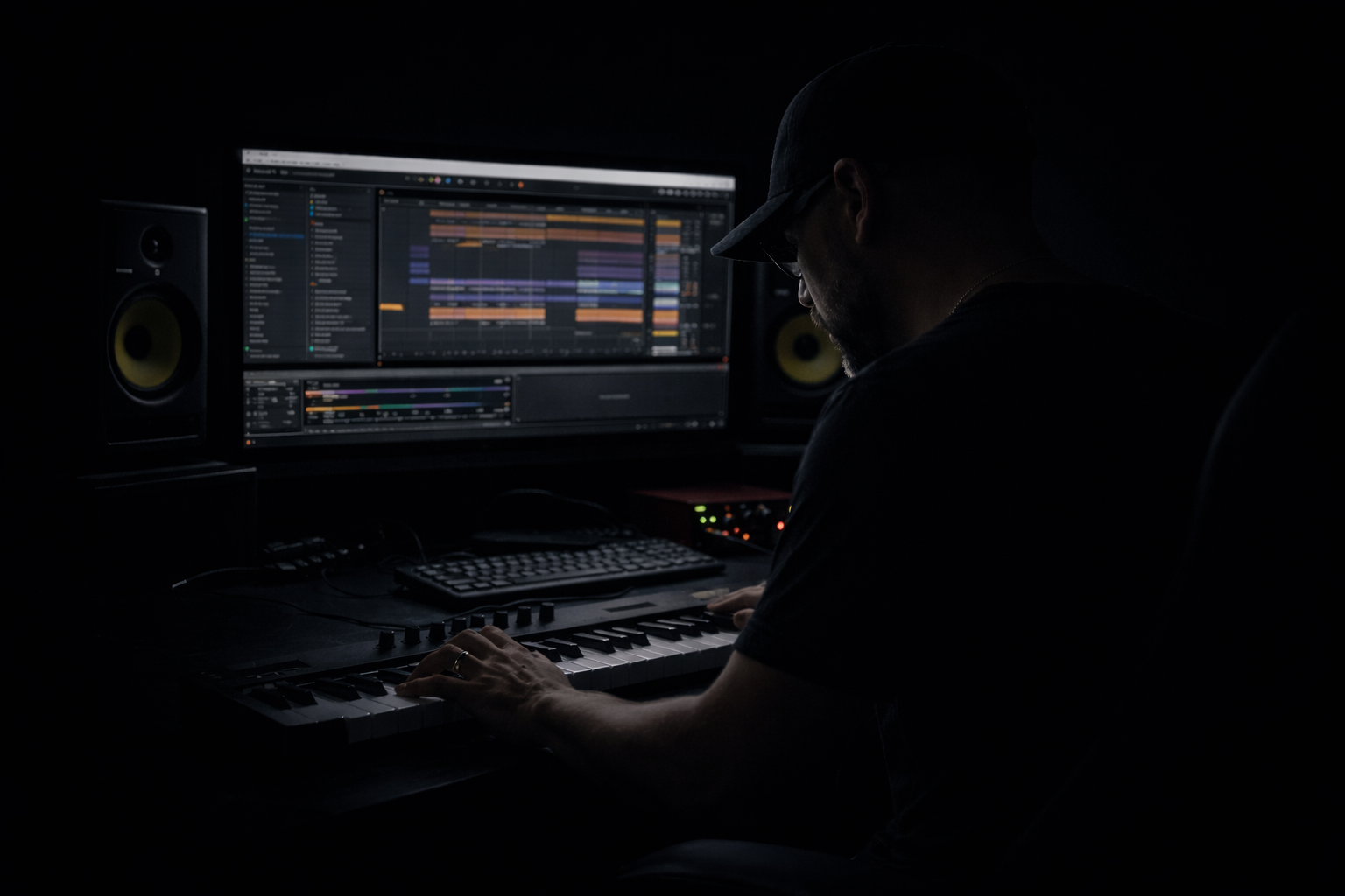 A person working on music production at a dark, illuminated computer station with speakers, a keyboard, and a monitor displaying a digital audio workstation.