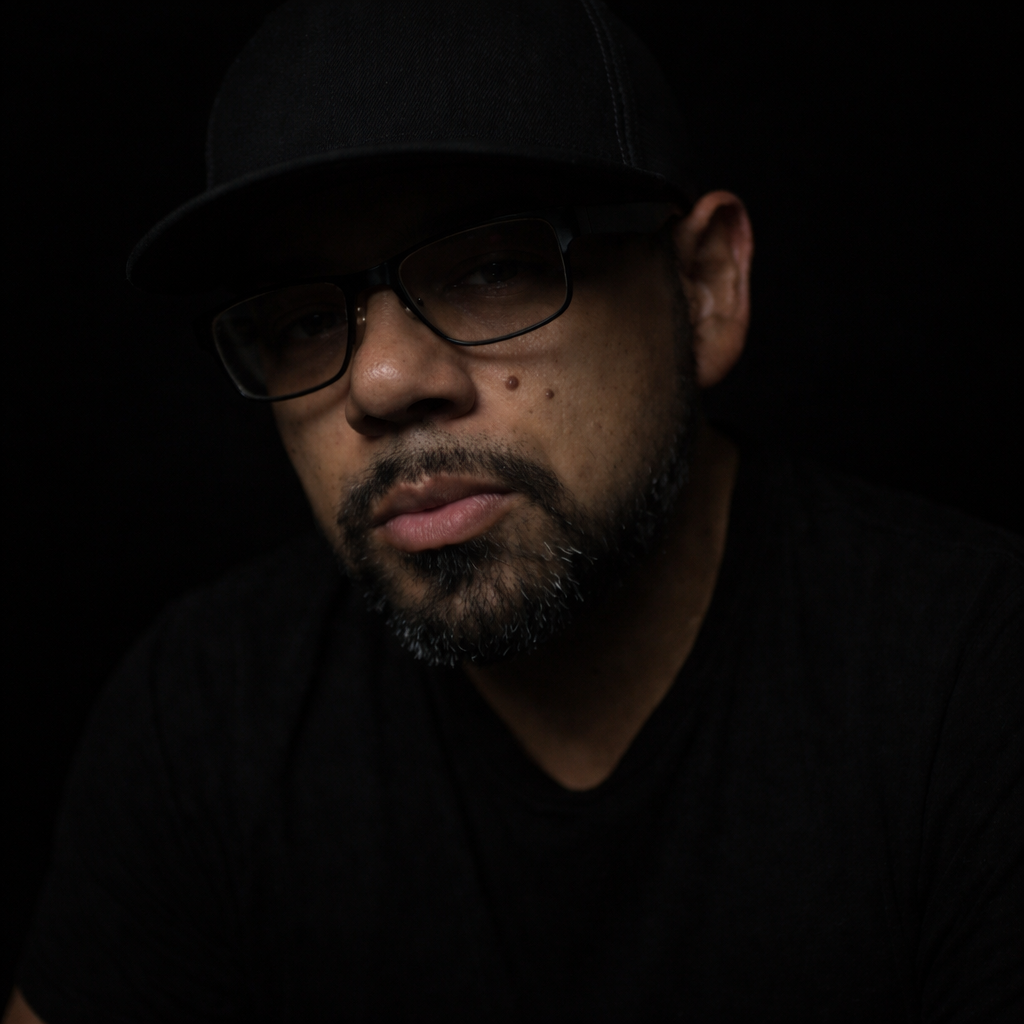 Close-up portrait of a man with glasses and a black cap, with a serious expression, against a dark background.