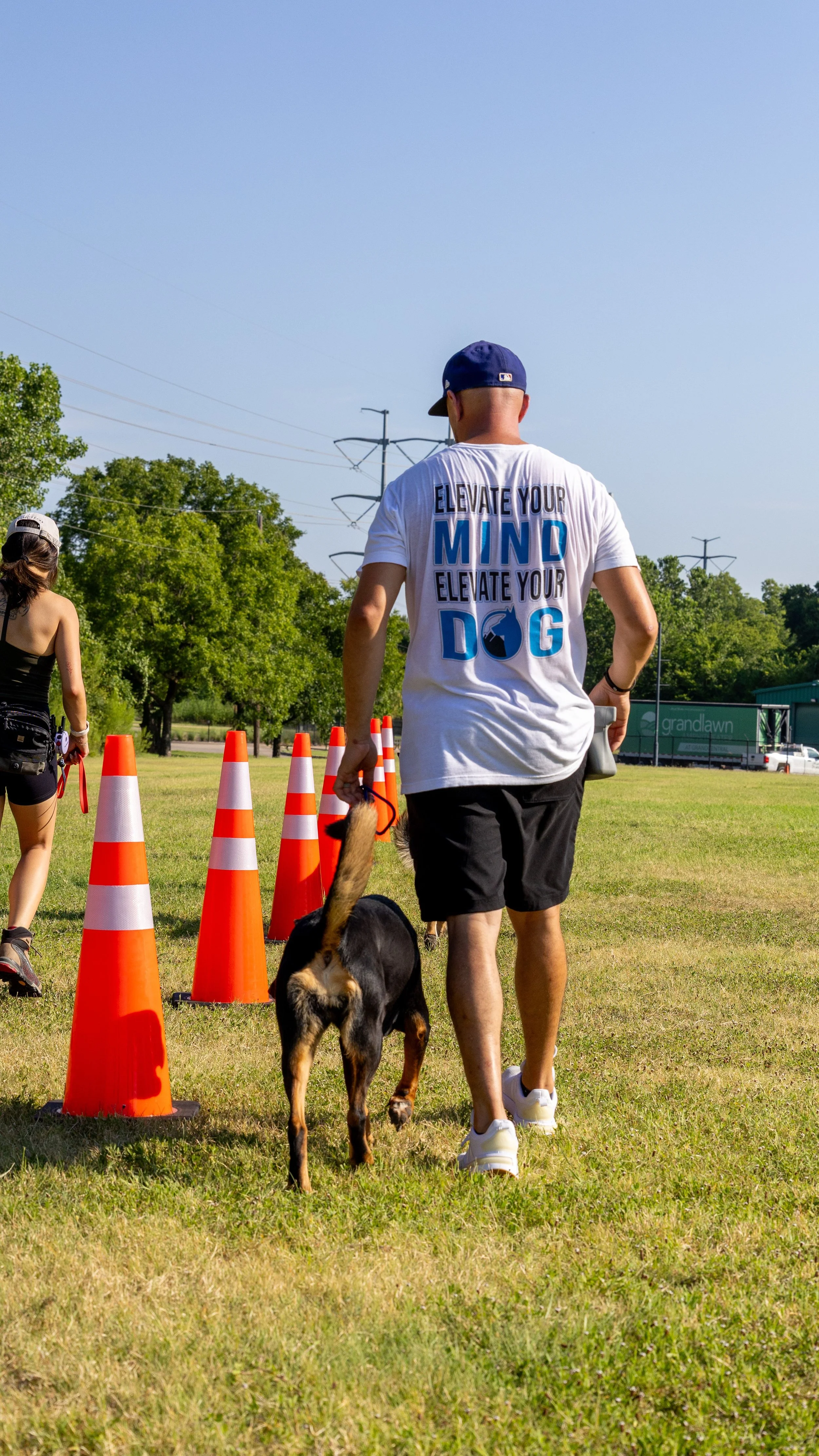 A man walking with a dog during an outdoor event, with orange traffic cones in the foreground and power lines, trees, and a building in the background.