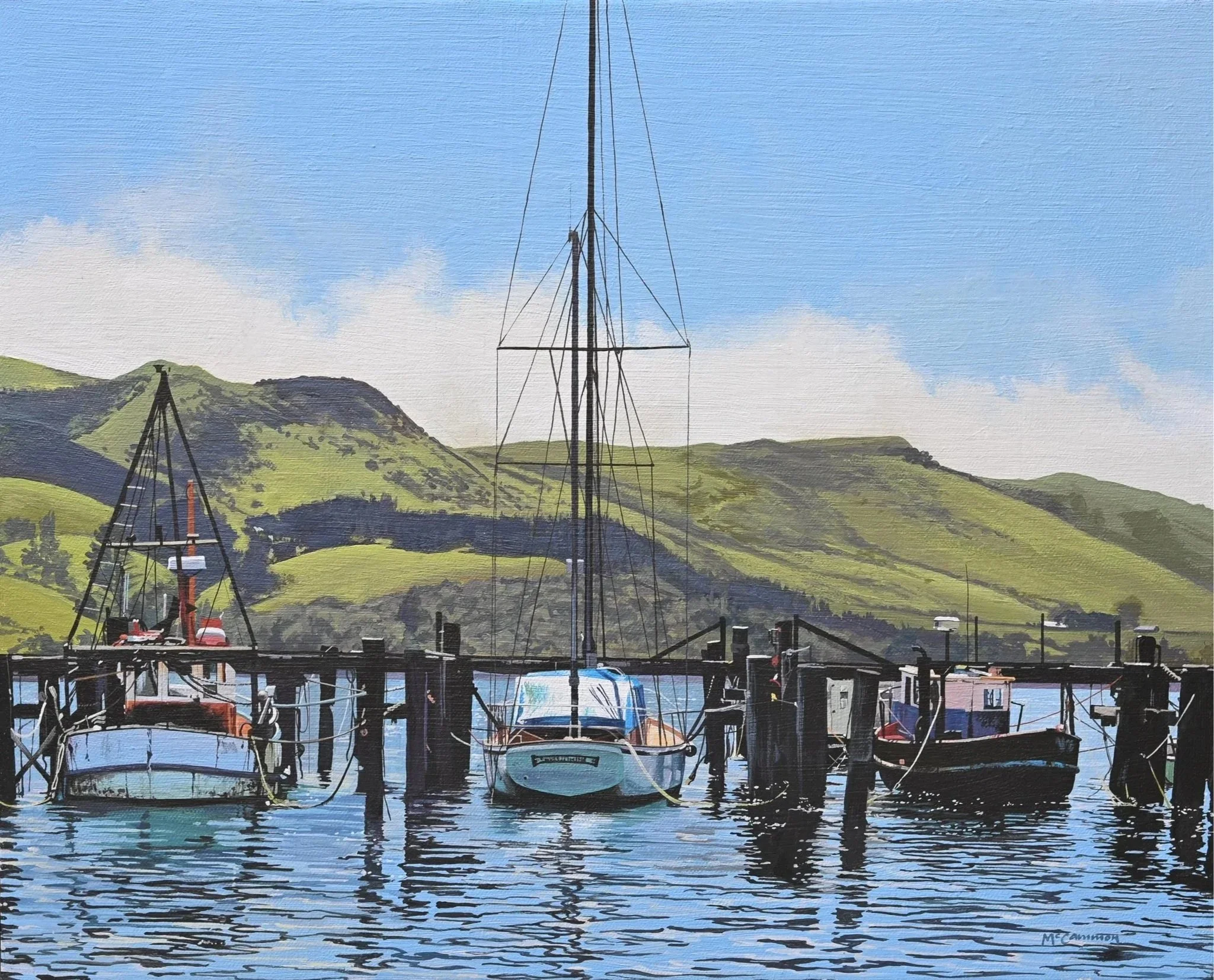 A painting of a marina with three boats docked at a pier, green hills in the background, and a partly cloudy sky.