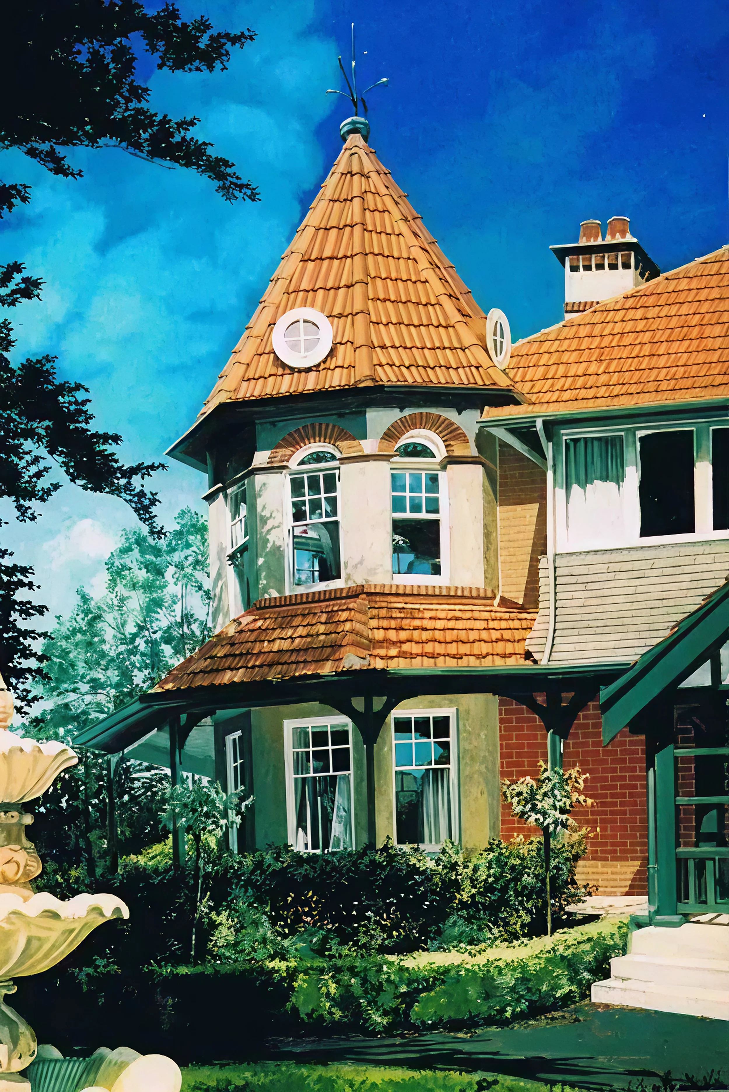 A multi-story house with a pointed tower, orange tiled roof, and multiple windows, surrounded by greenery and a clear blue sky.