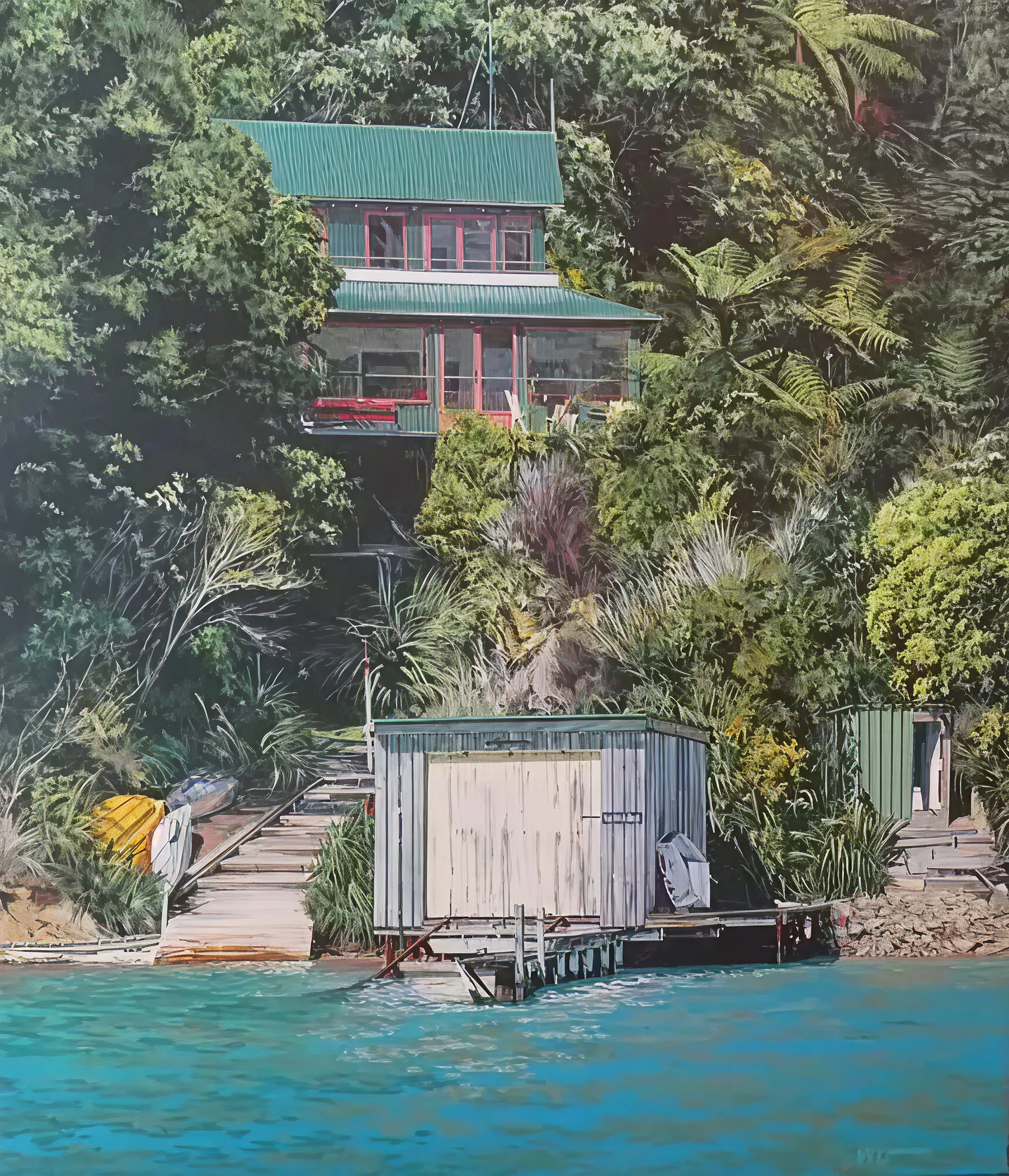 A house built into a hillside surrounded by dense trees and vegetation, with a dock extending into the water in the foreground.