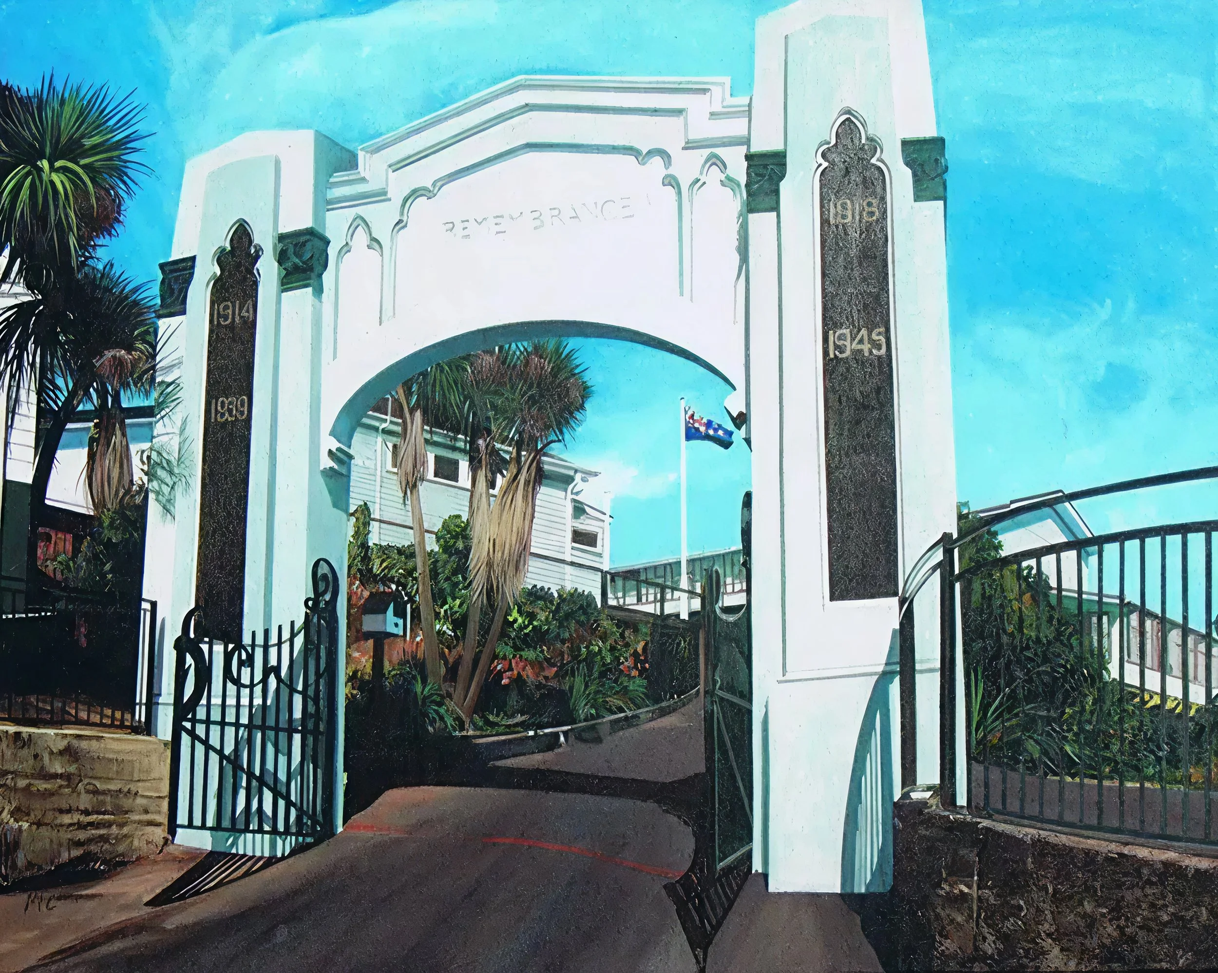 A painted mural of a white archway with black accents and inscriptions of years, surrounded by plants and a black metal gate, with a clear blue sky and a flagpole with a flag in the background.