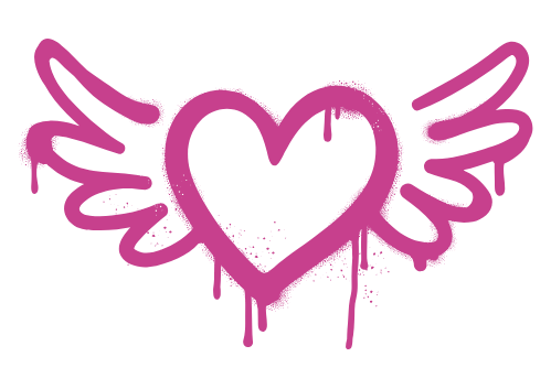 Pink outline of a heart with wings, spray-painted style