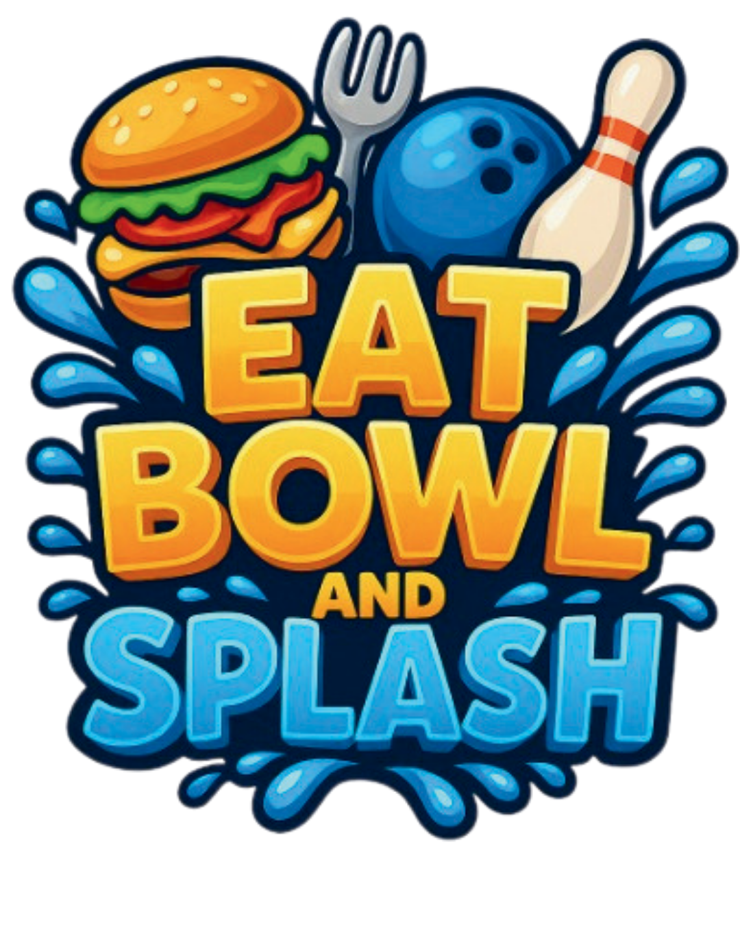 Colorful logo for 'Eat Bowl and Splash' featuring a burger, bowling ball, and bowling pin surrounded by blue water splashes.