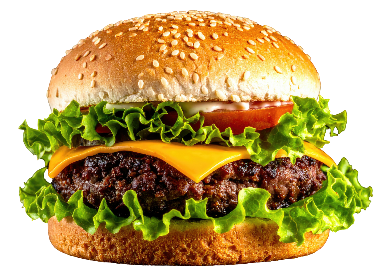 Close-up of a cheeseburger with lettuce, tomato, hamburger patty, cheddar cheese, and mayonnaise on a sesame seed bun.