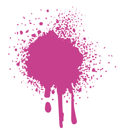 Pink paint splatter with drips on black background.