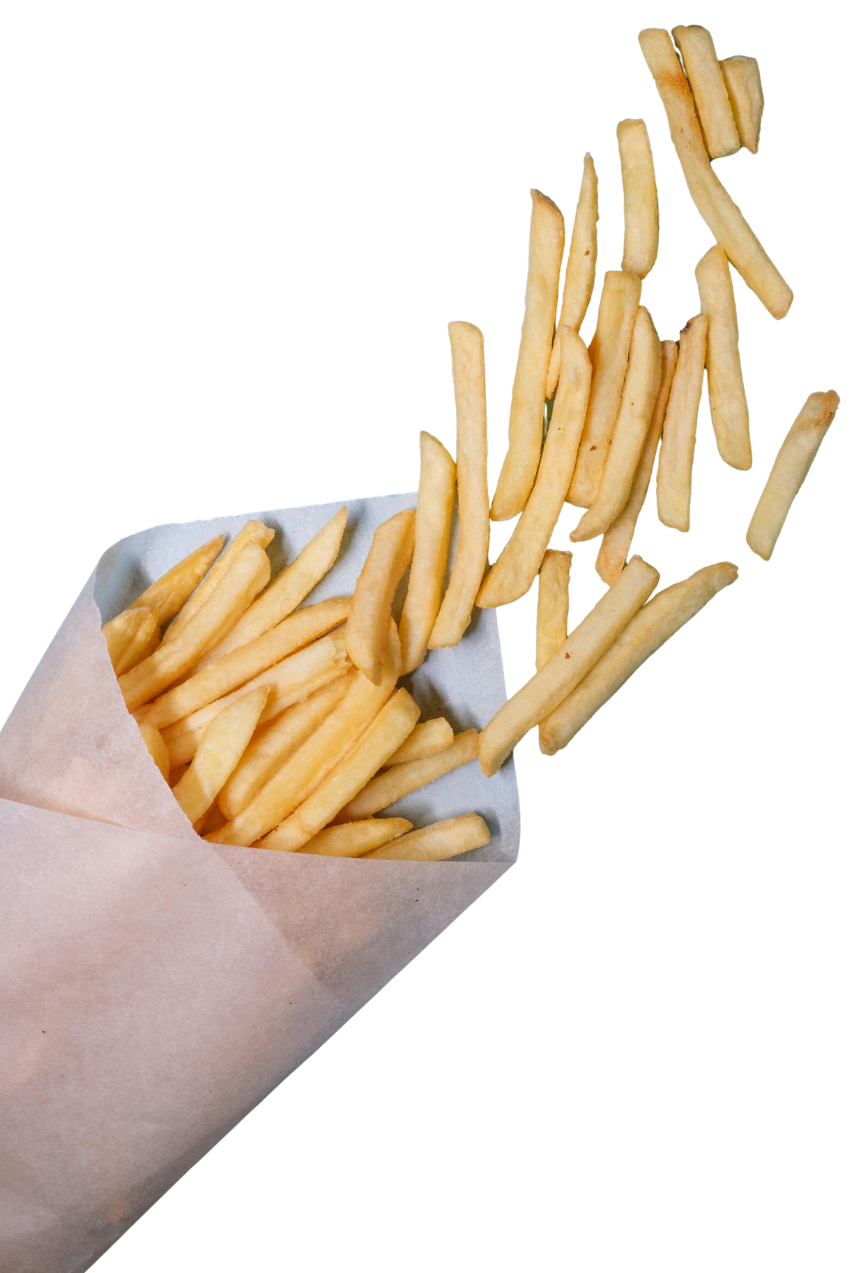 French fries spilling out of a pink paper cone.