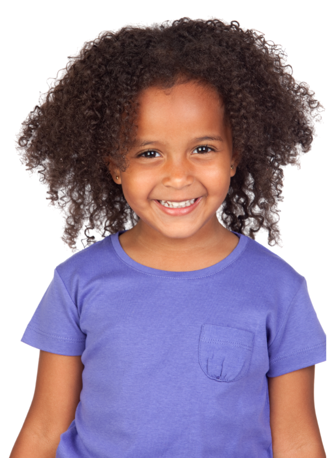 A young girl with curly hair smiling and wearing a purple t-shirt.