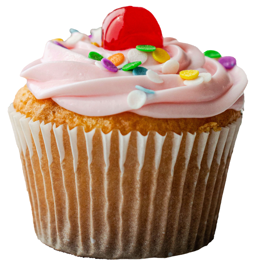 Cupcake with pink frosting, colorful sprinkles, and a red cherry on top.