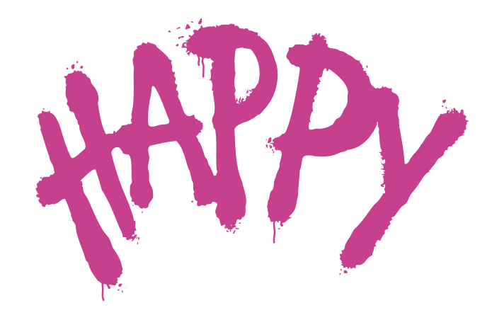 The word 'HAPPY' written in bold, purple, graffiti-style letters on a black background.