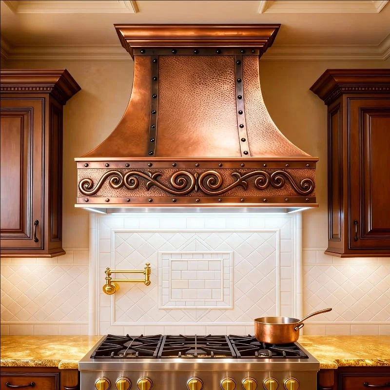 SoHo Loft–Style Custom Copper Range Hood – Handcrafted Wall-Mount Design with Black Straps