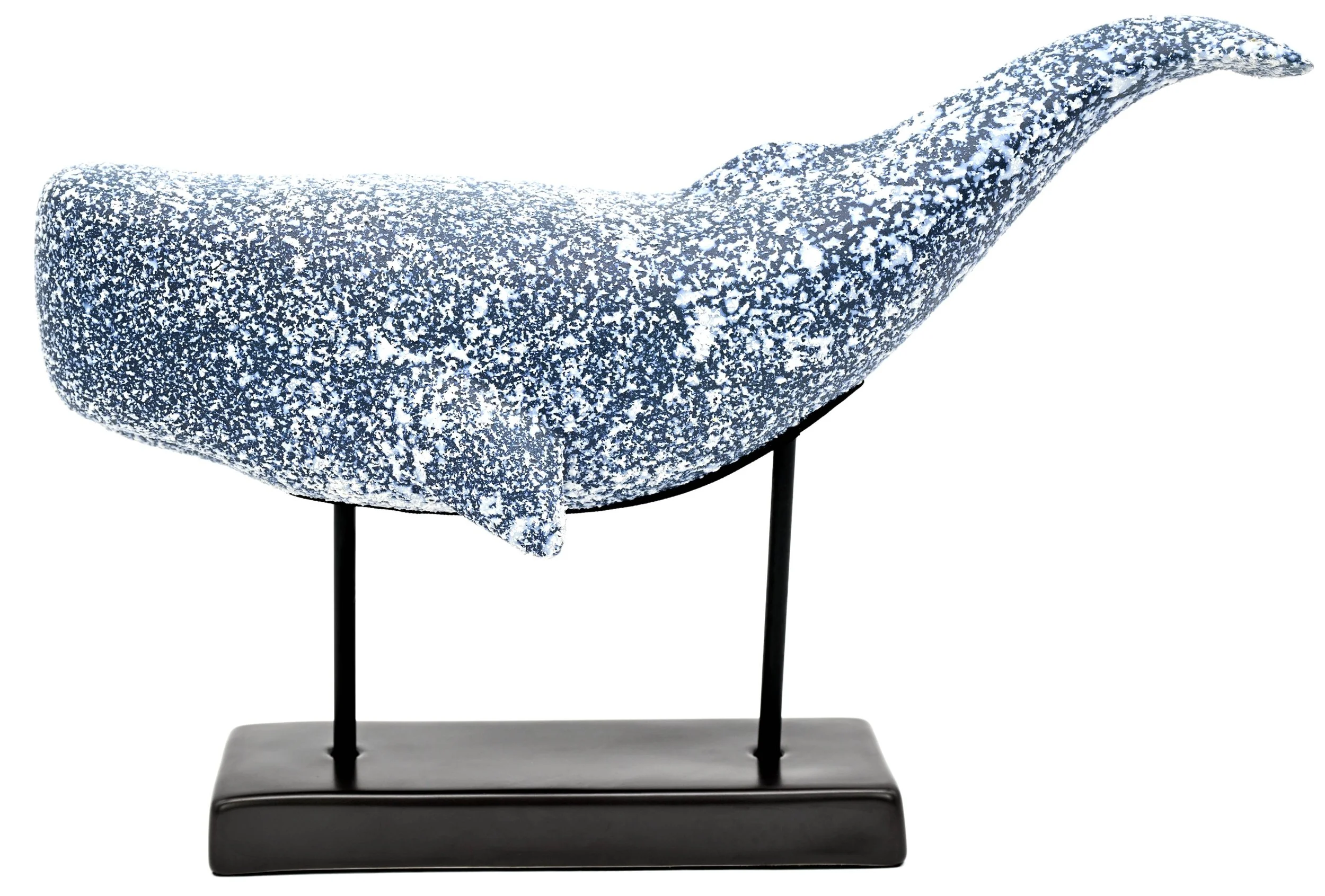 Handcrafted Coastal Blue Porcelain Whale Sculpture on Metal Stand