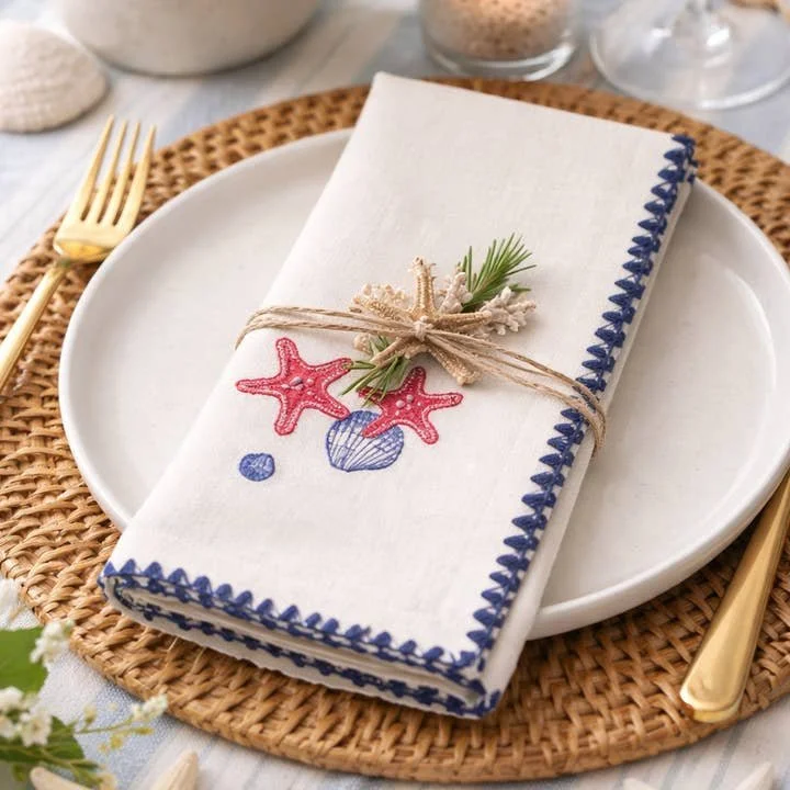 Embroidered Sea Shells Cotton Napkin — 18" Square