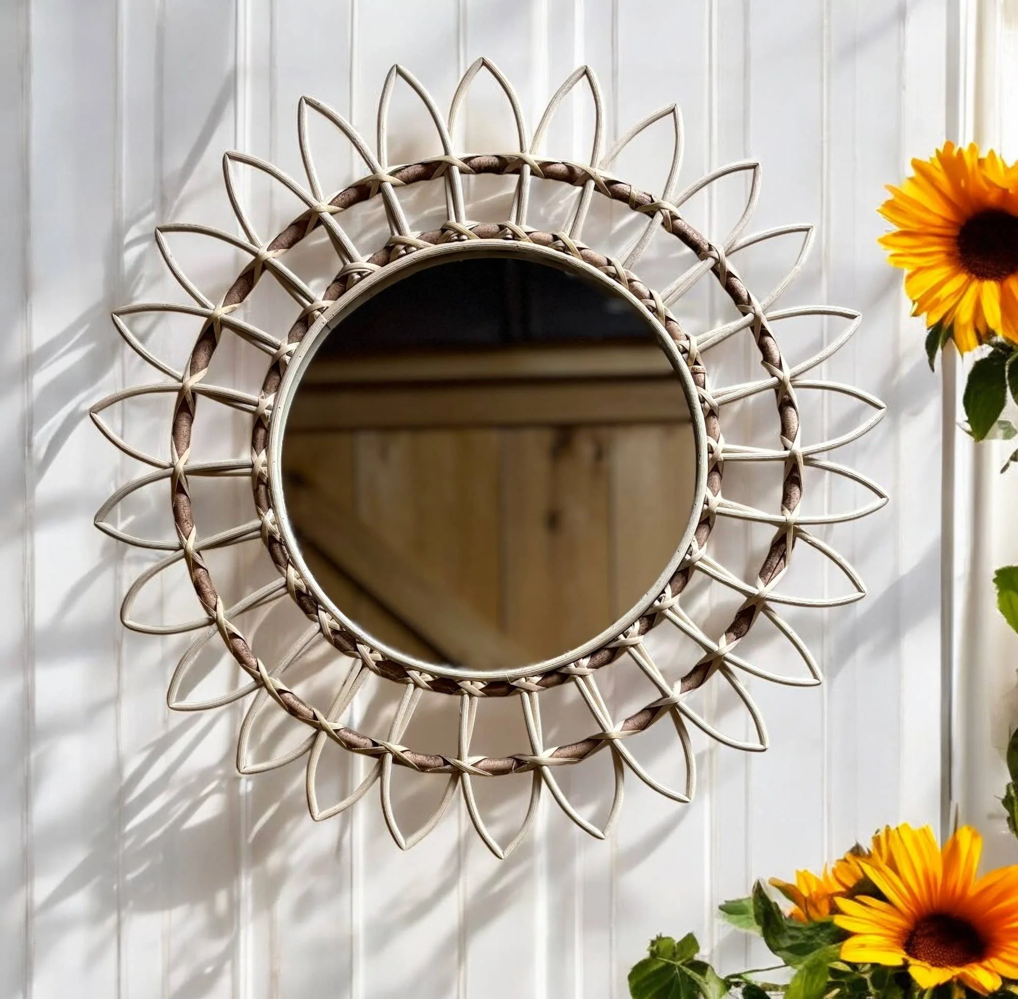 Handcrafted Round Rattan Sunburst Wall Mirror for Coastal Boho Interiors