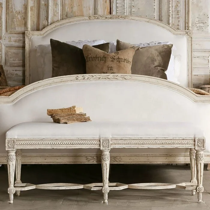 French Country Antique-Style Upholstered Bed-End Bench