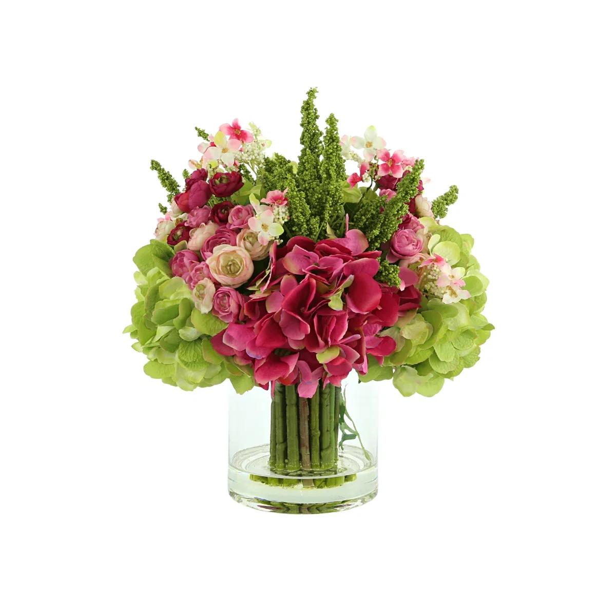 Luxury Faux Hydrangea, Ranunculus & Cherry Blossom Arrangement in Clear Glass Vase