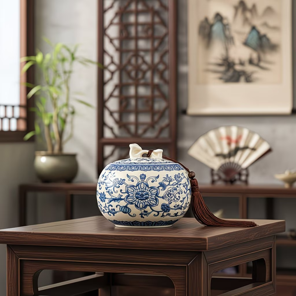 A decorative ceramic jar with blue floral patterns and a tassel on a wooden table, with traditional Asian art and decor in the background.