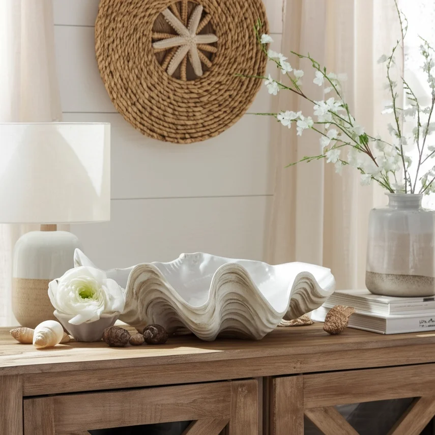 Ivory Pearlized Wavy Shell Bowl – Coastal Polyresin Accent (9")