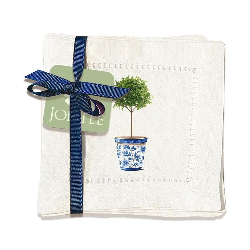 Chinoiserie Topiary Pot Hemstitch Napkins (Set of 6)