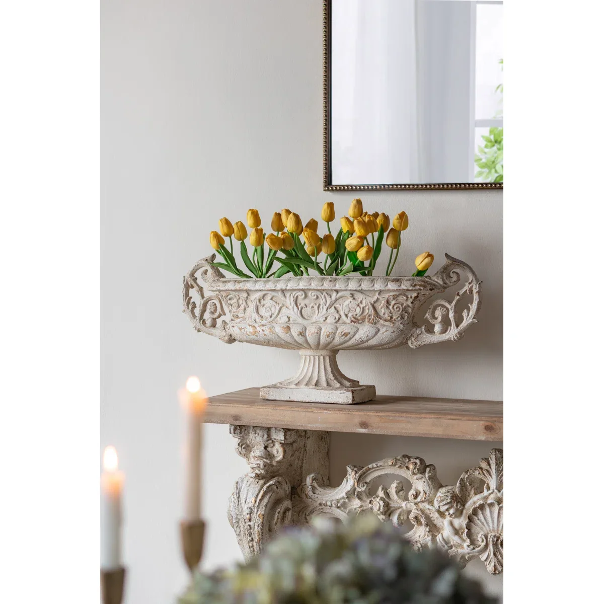 Magnesium+Pedestal+Vase+with+Distressed+White+Finish+and+Ornate+Handles.webp