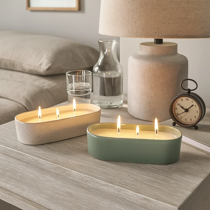 Living room bedside table with two lit candles in oval ceramic holders, a glass of water, a vase with water, a white table lamp, a clock, and a beige sofa in the background.